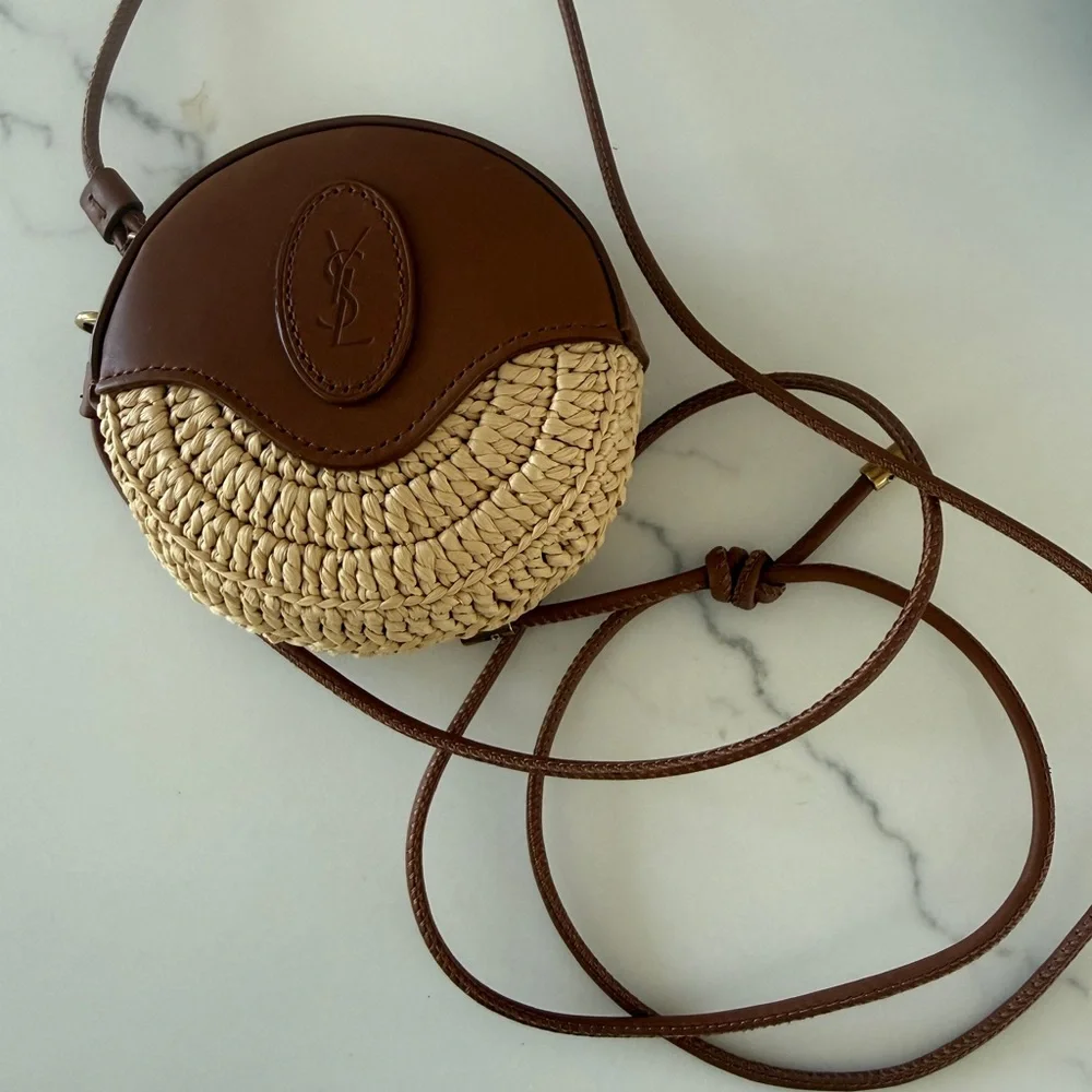 Saint Laurent Tan and Natural Raffia Round Crossbody Bag, never used.